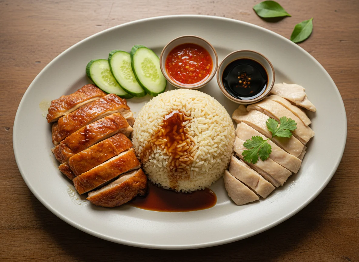 Hainanese Chicken Rice with Roasted and Poached Chicken photo