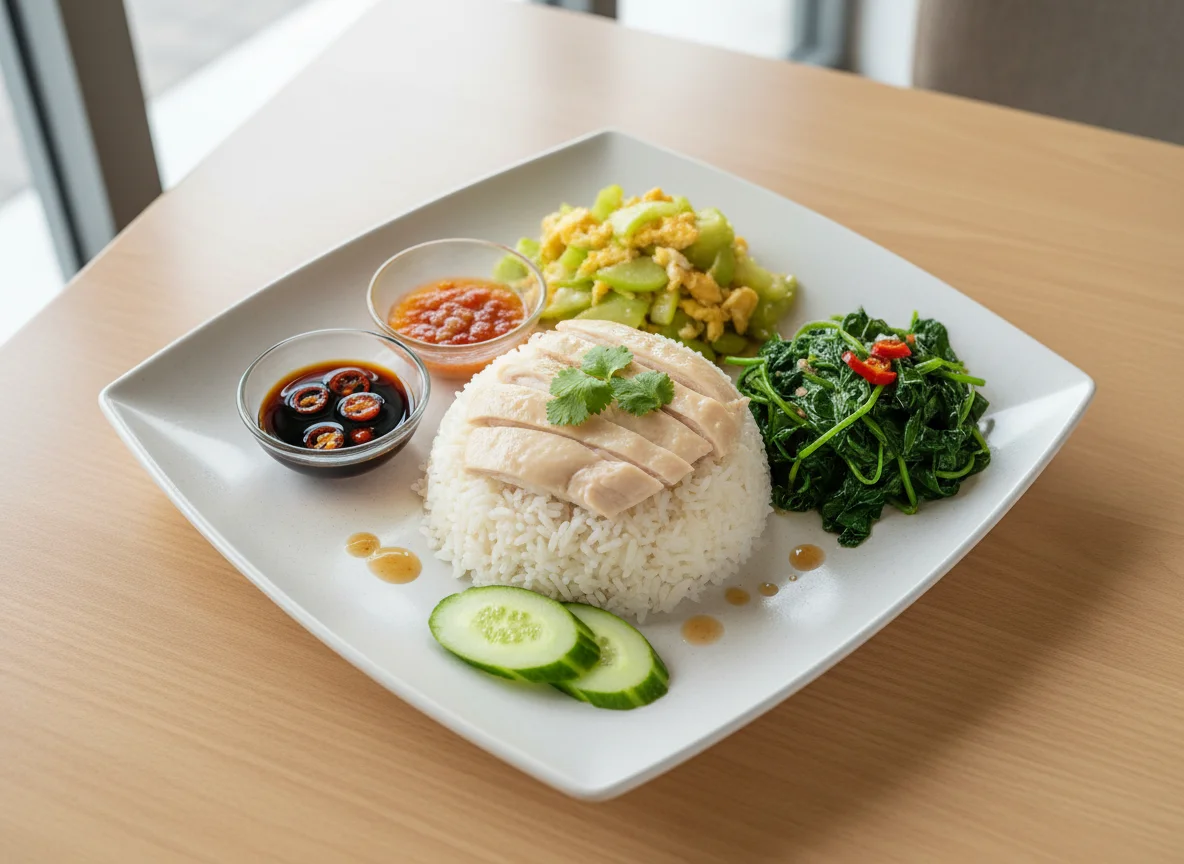 Hainanese Chicken Rice with Stir-fried Vegetables photo