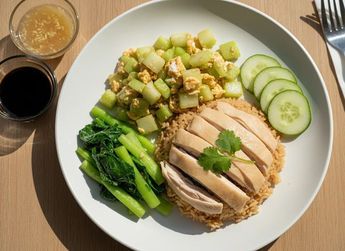 Hainanese Chicken with Stir-fried Vegetables photo