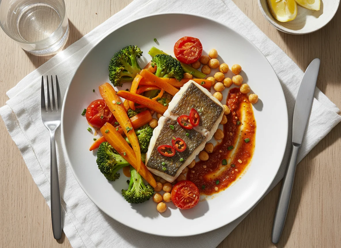 Hake with Broccoli and Carrots photo