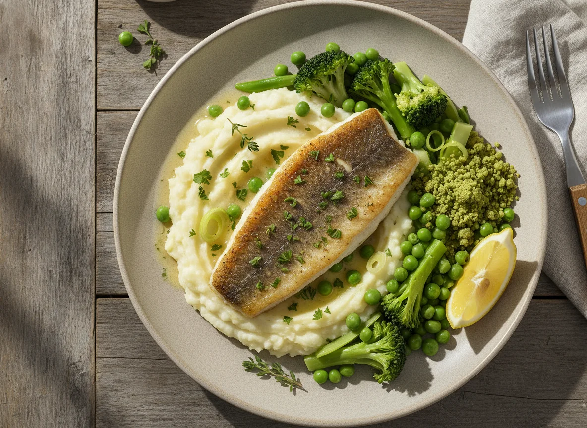 Hake with Potato Mash and Greens photo