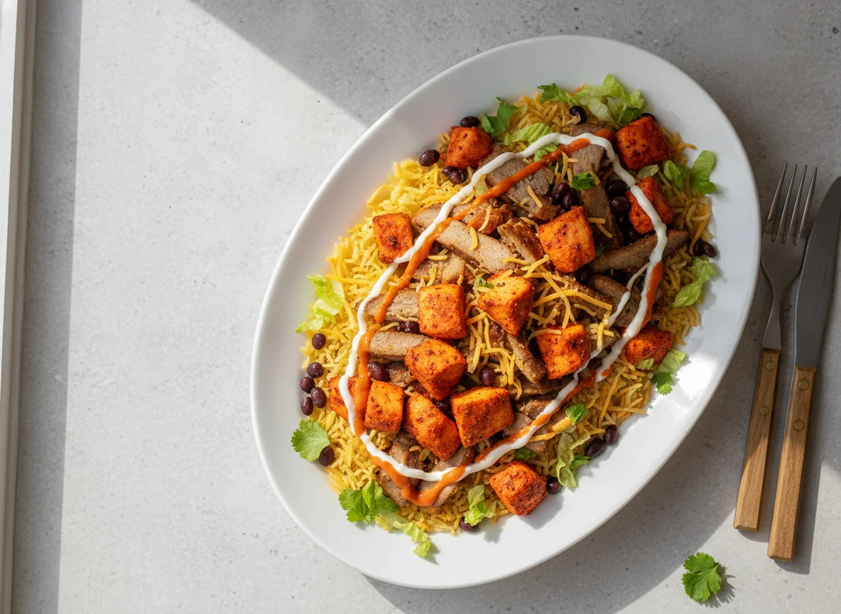 Halal Style Chicken and Lamb Over Rice Platter photo