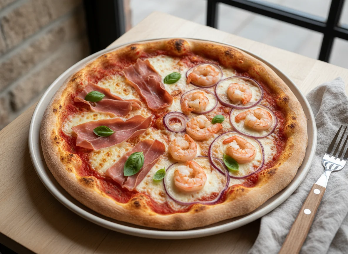 Half Pizza with Ham, Shrimp, and Red Onion photo