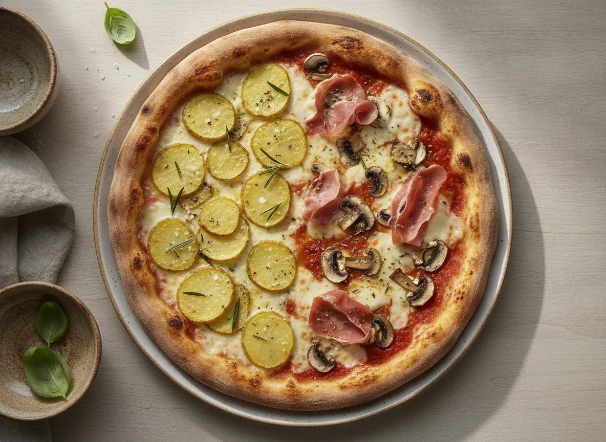 Half Potato Pizza and Half Ham and Mushroom Pizza photo