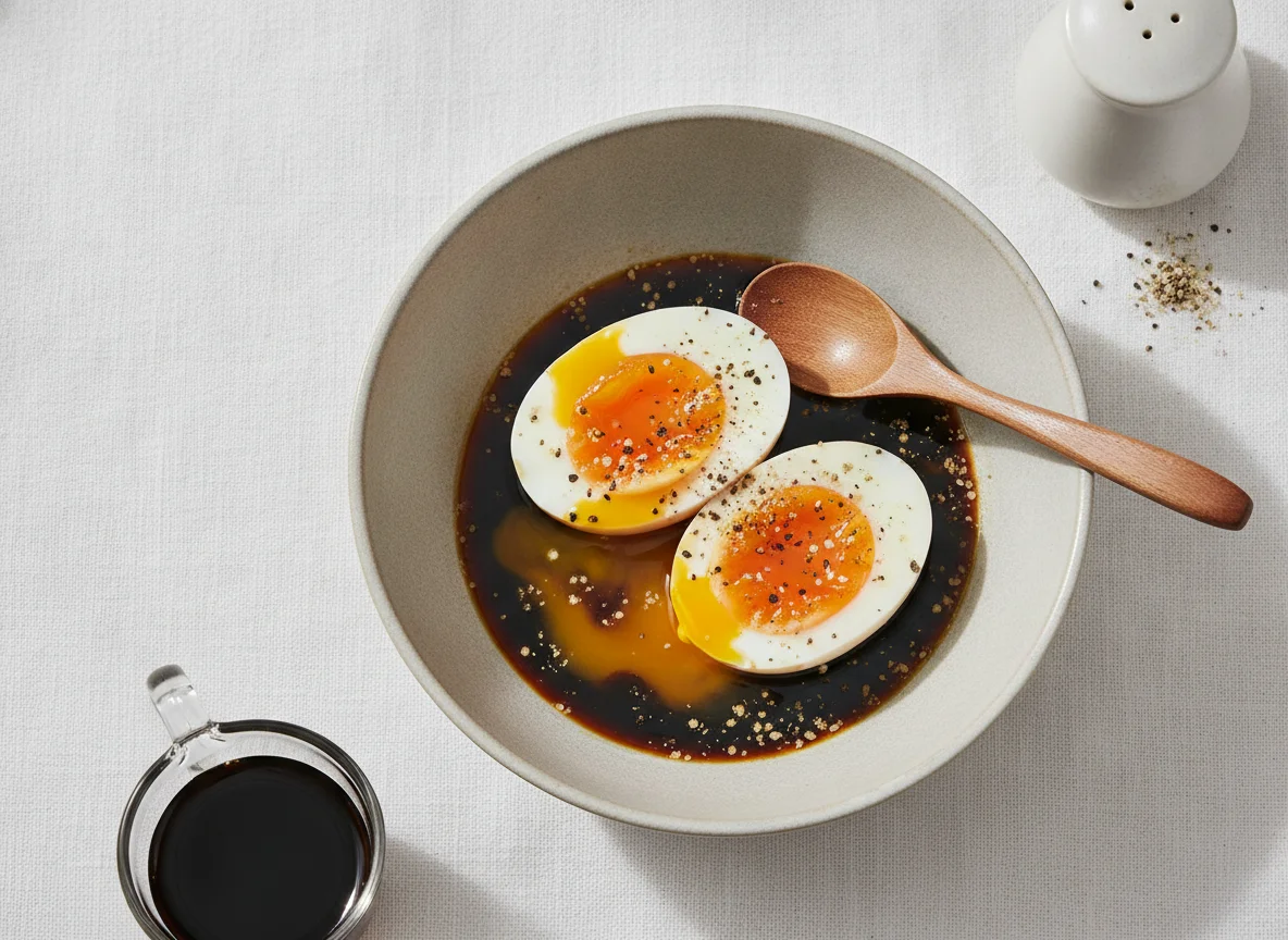 Half-boiled eggs with soy sauce and pepper photo