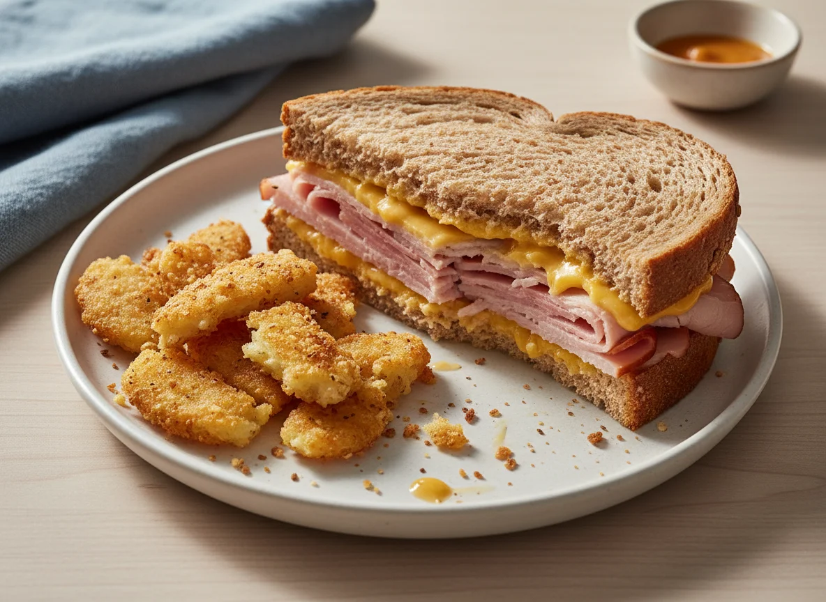 Half-eaten sandwich and fried food photo