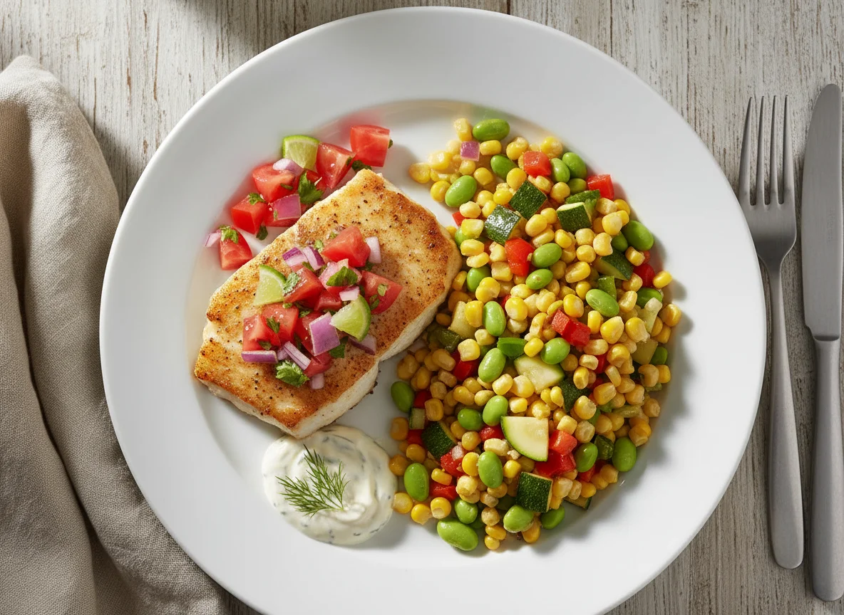 Halibut with Salsa and Succotash photo