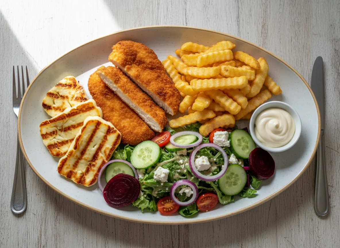 Halloumi and Breaded Chicken with Chips, Salad and Mayonnaise photo