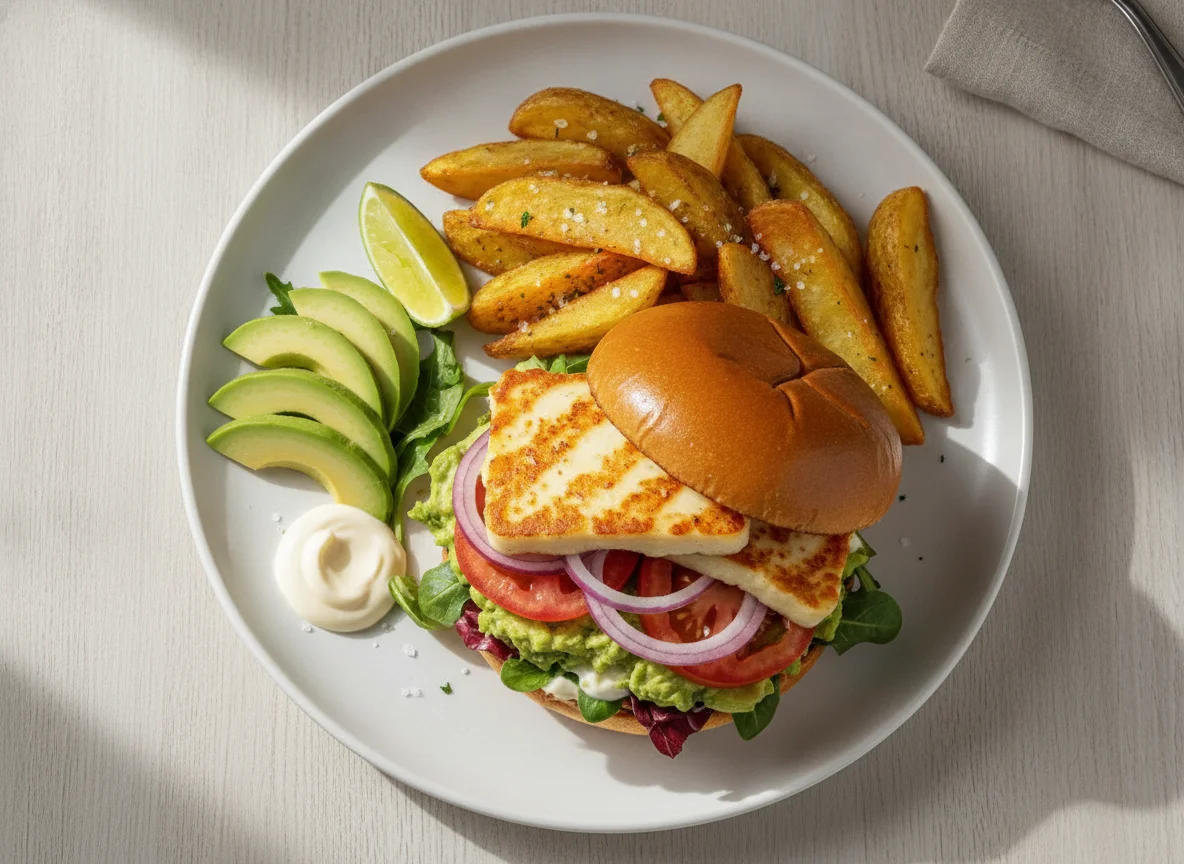 Halloumi Burger with Potato Wedges and Avocado photo