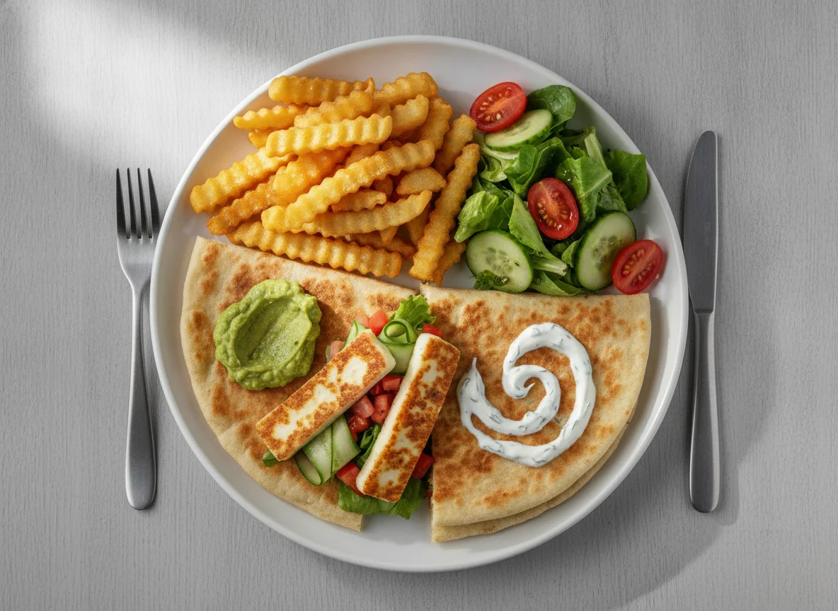 Halloumi Flatbread with Crinkle Cut Fries and Salad photo