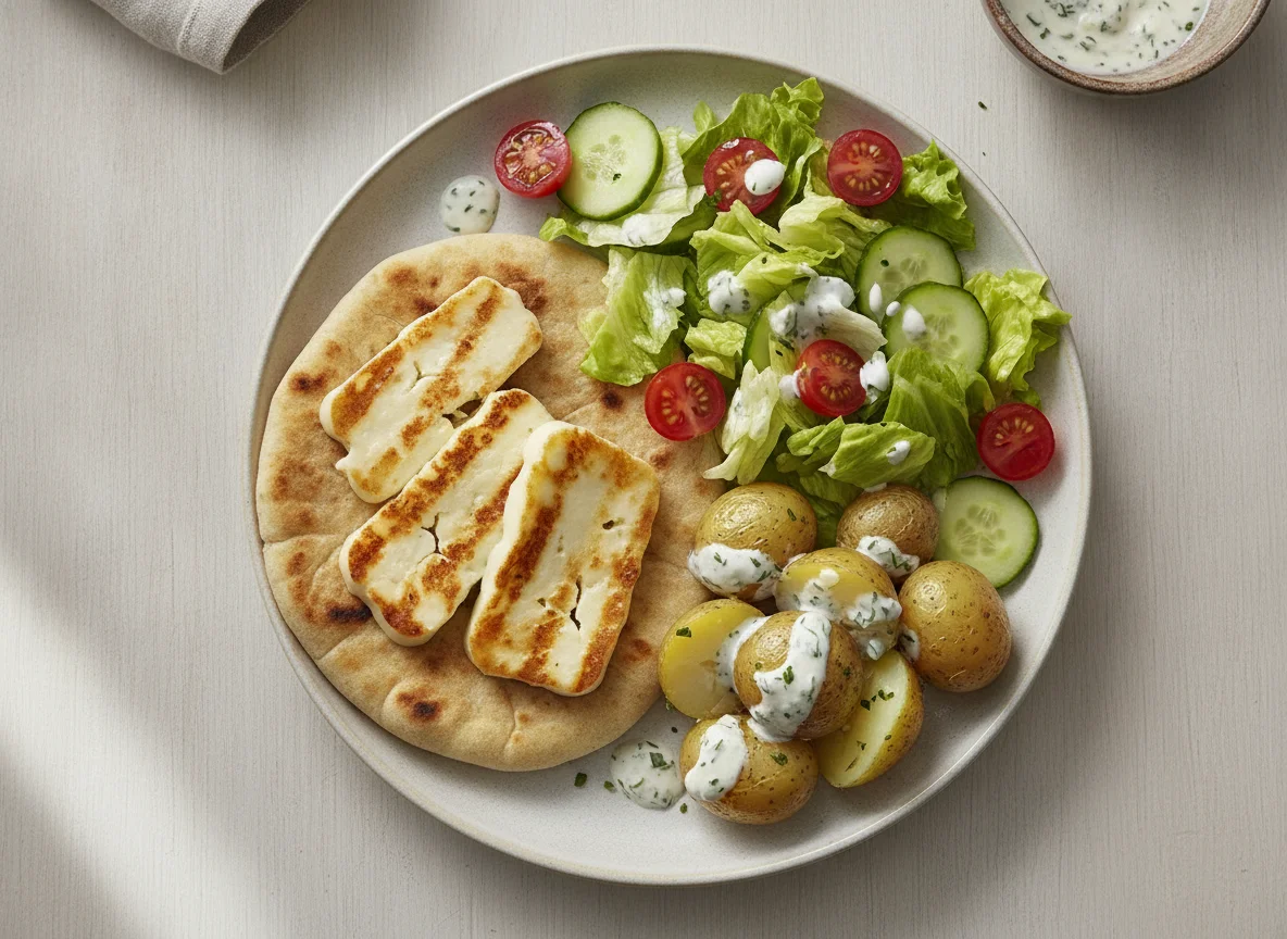 Halloumi Flatbread with New Potatoes and Salad photo