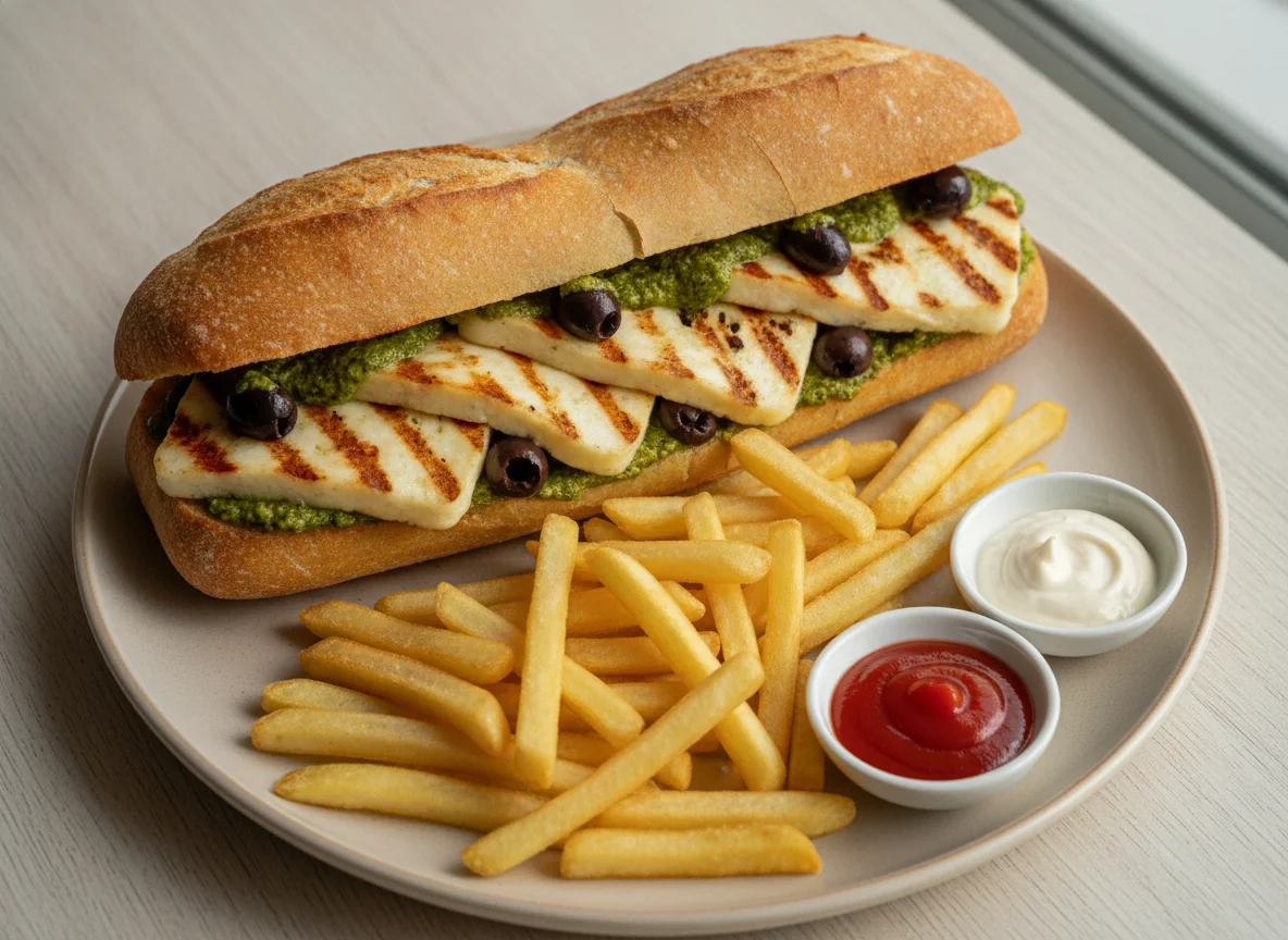 Halloumi Pesto Sandwich with French Fries photo