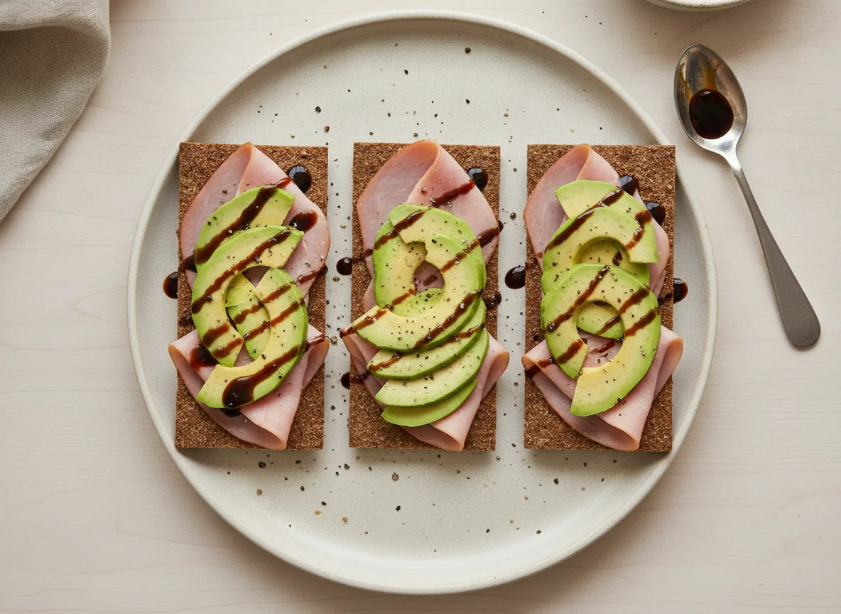 Ham and Avocado Crispbread with Balsamic Glaze photo
