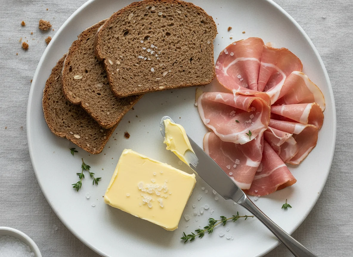 Ham and bread with butter photo