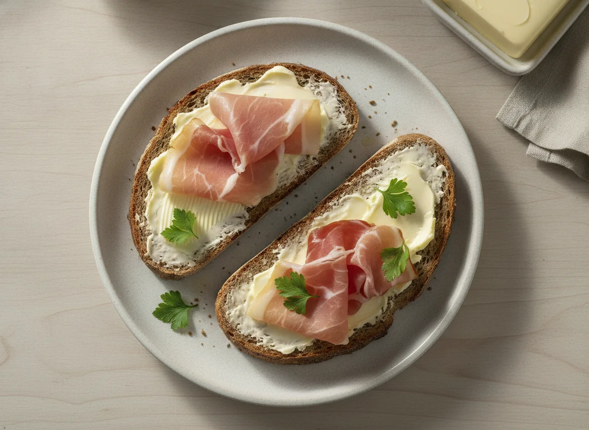 Ham and buttered bread photo