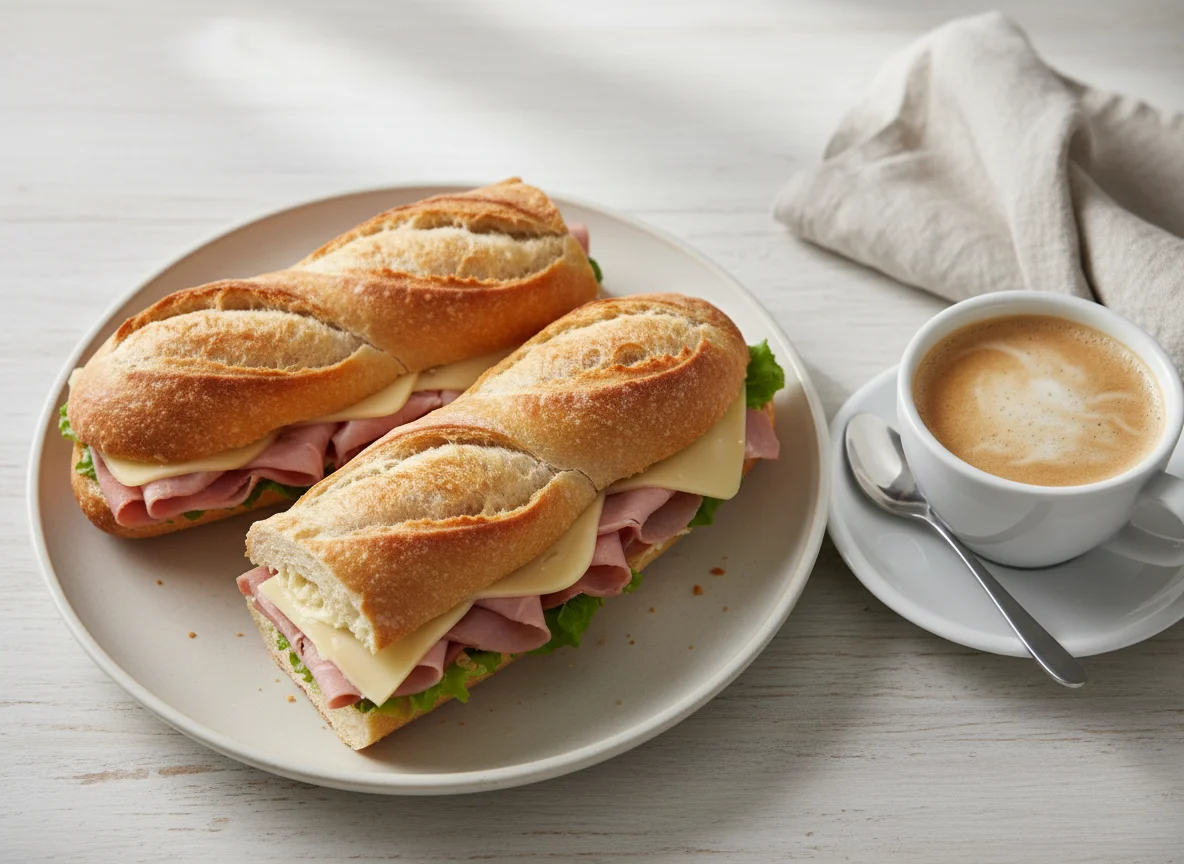 Ham and Cheese Baguette with Coffee photo