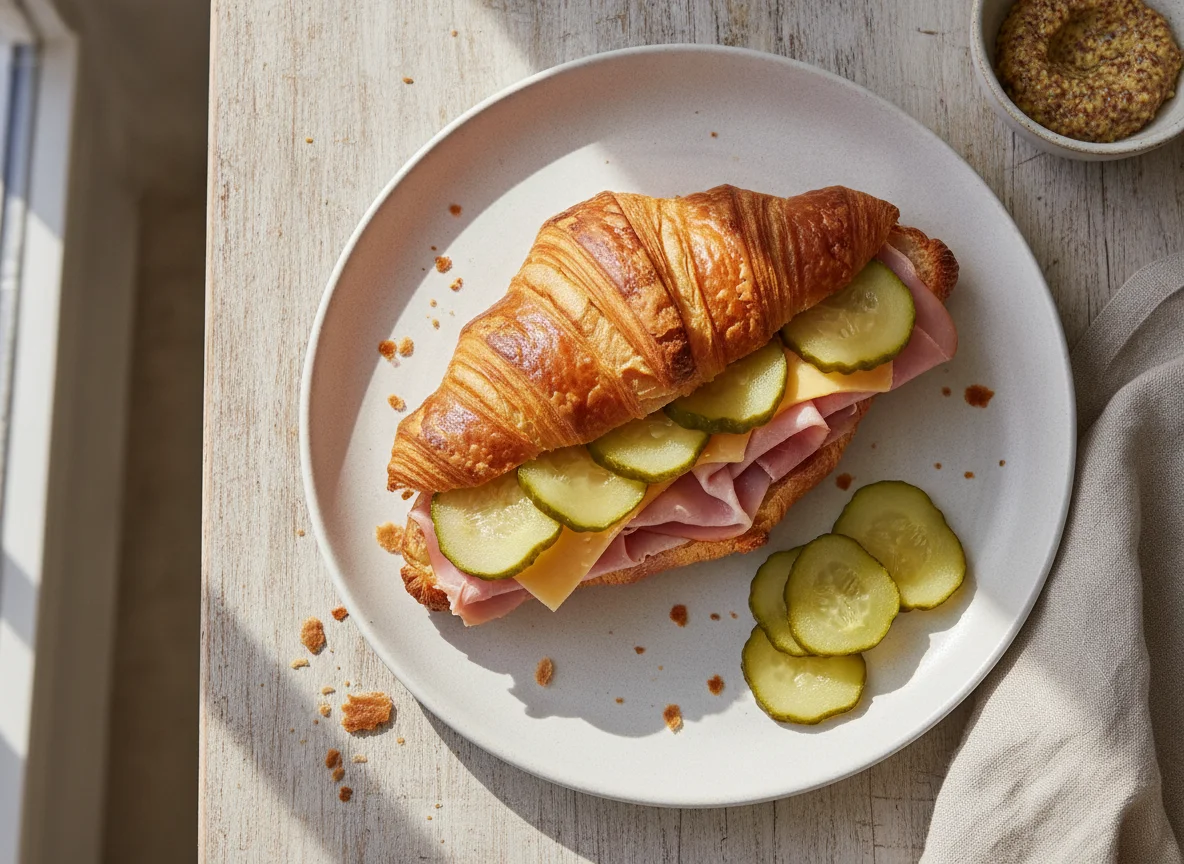 Ham and Cheese Croissant with Pickle photo