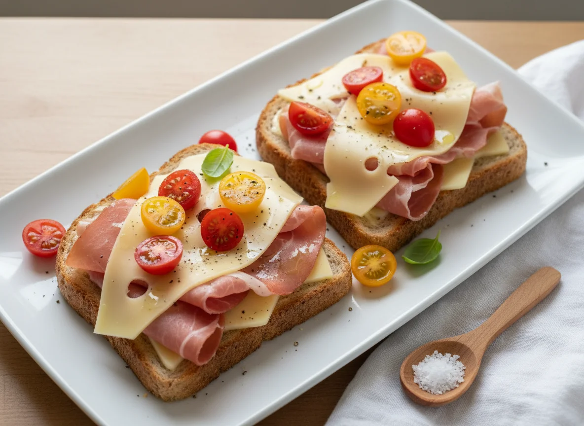 Ham and Cheese Open Sandwich with Cherry Tomatoes photo