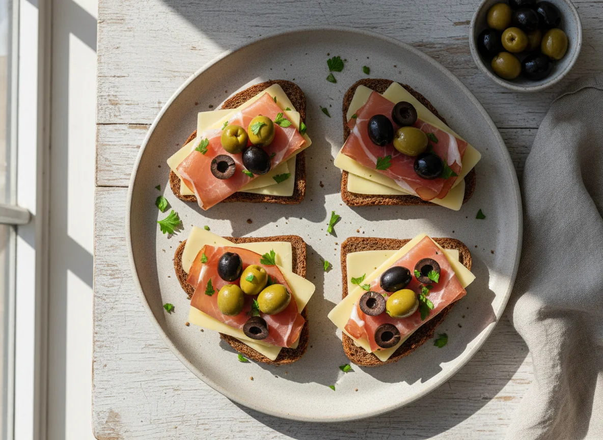 Ham and cheese open-faced sandwiches with olives photo