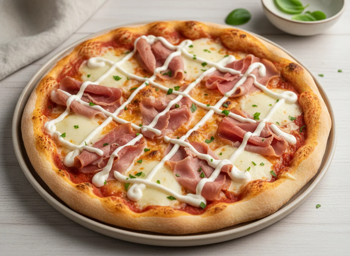 Ham and Cheese Pizza with White Sauce photo
