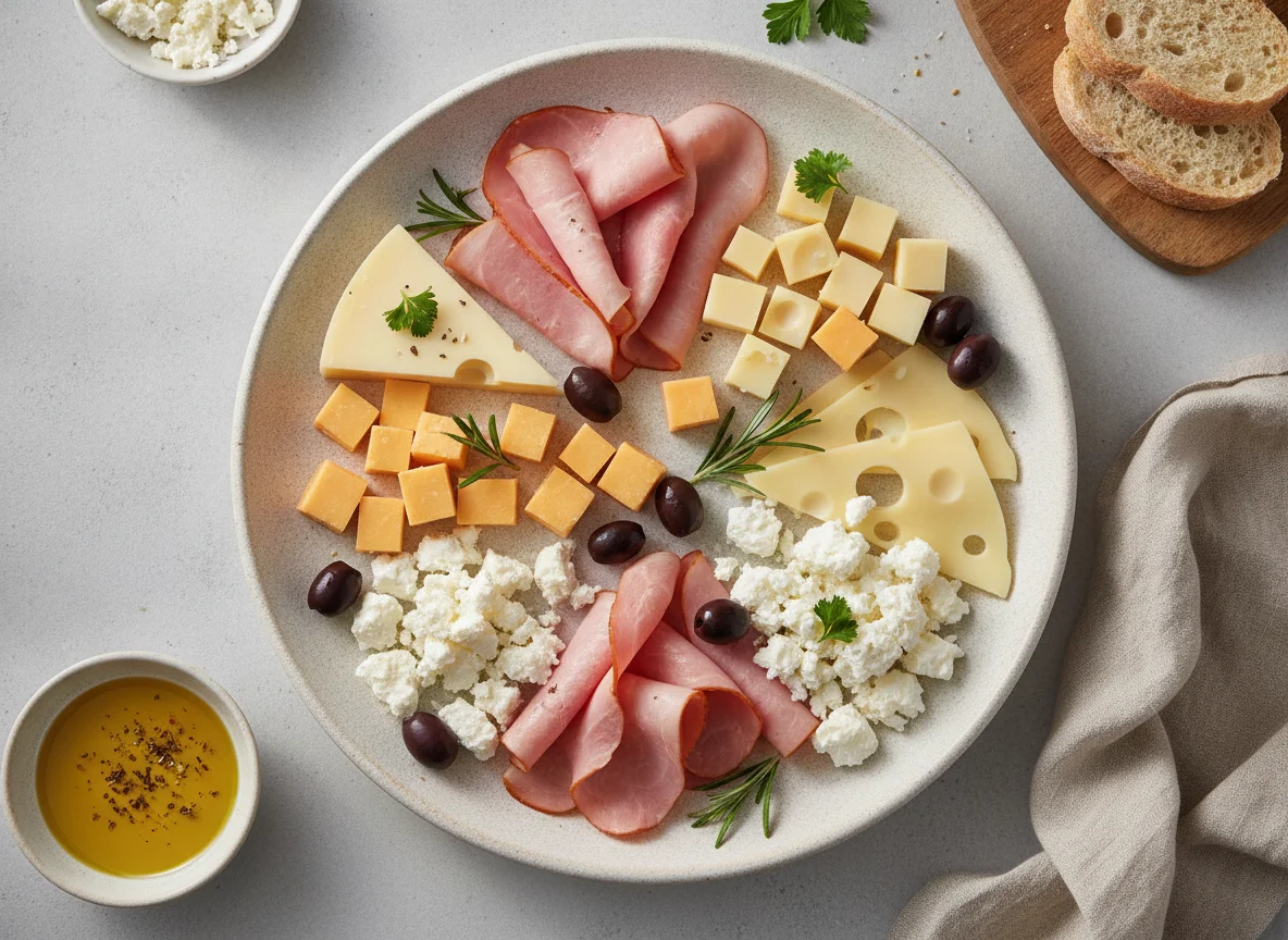 Ham and cheese plate with feta photo