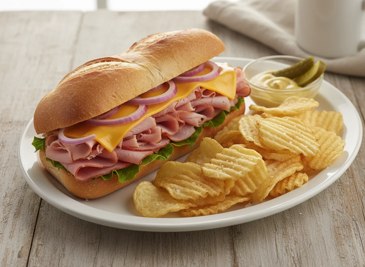 Ham and Cheese Sandwich with Chips photo