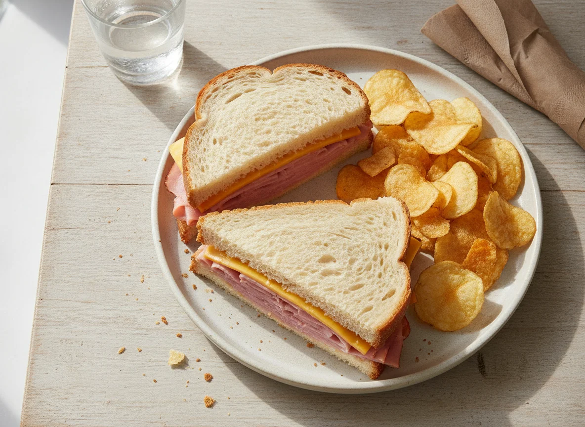 Ham and Cheese Sandwich with Crisps photo
