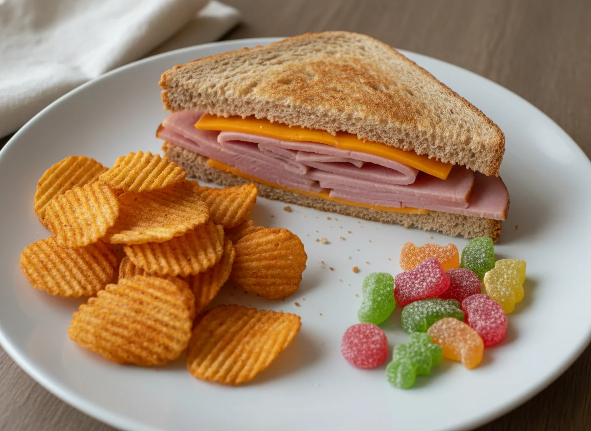 Ham and Cheese Sandwich with Crisps and Sweets photo