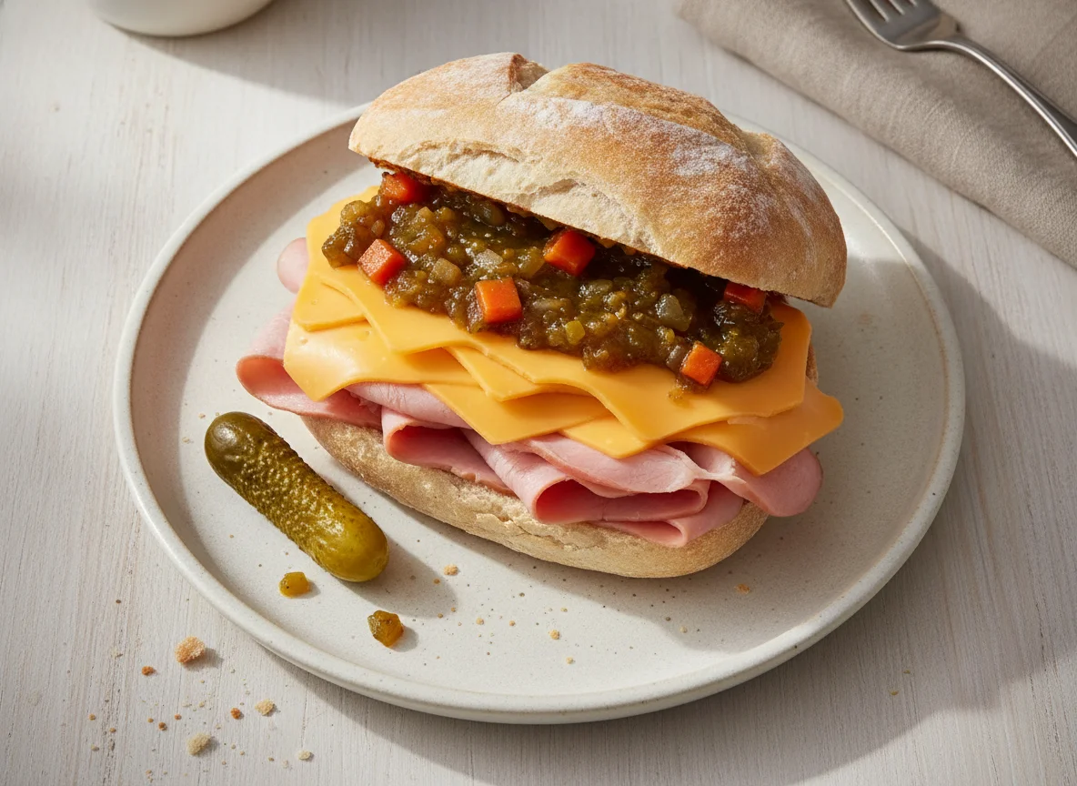 Ham and Cheese Sandwich with Pickle photo