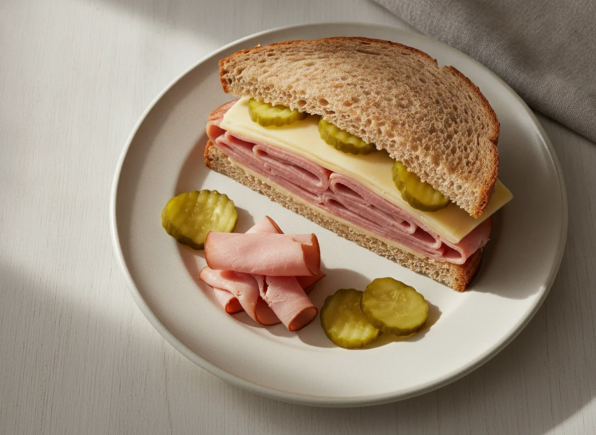 Ham and Cheese Sandwich with Pickles photo
