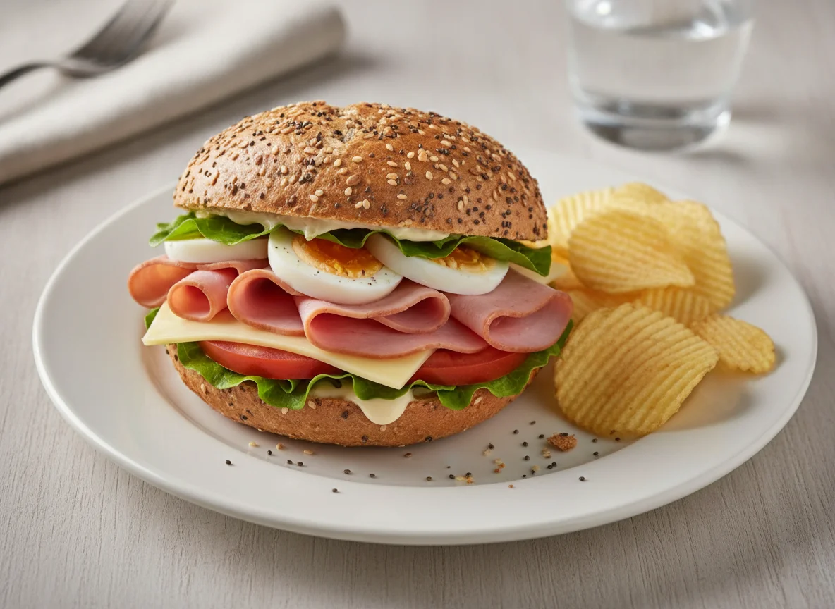 Ham and cheese sandwich with potato chips photo