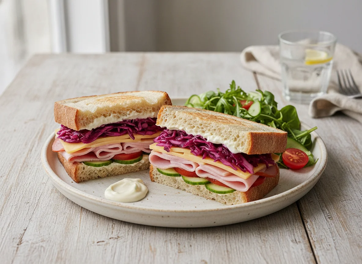 Ham and Cheese Sandwich with Red Cabbage and Salad photo