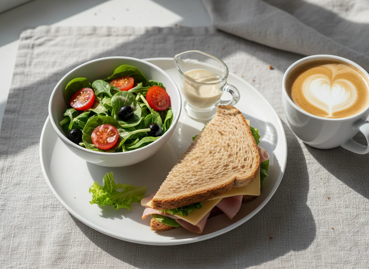 Ham and Cheese Sandwich with Side Salad and Coffee photo