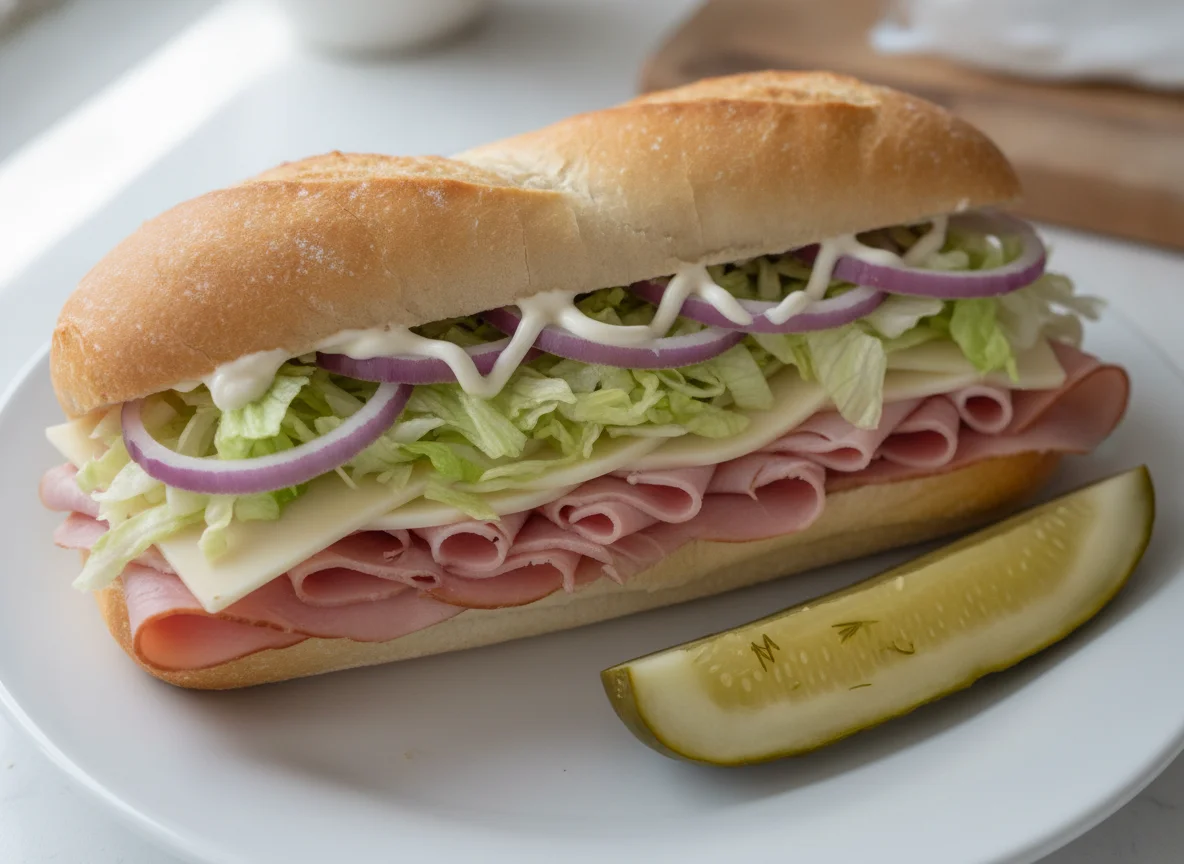 Ham and Cheese Sub Sandwich with Pickle photo