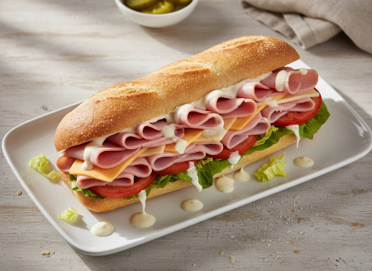 Ham and cheese submarine sandwich photo