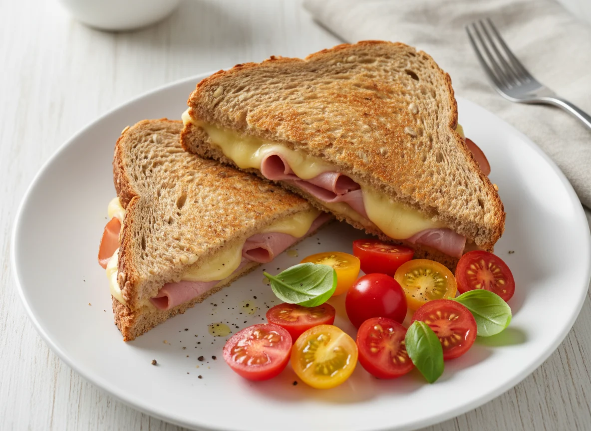 Ham and Cheese Toast with Cherry Tomatoes photo