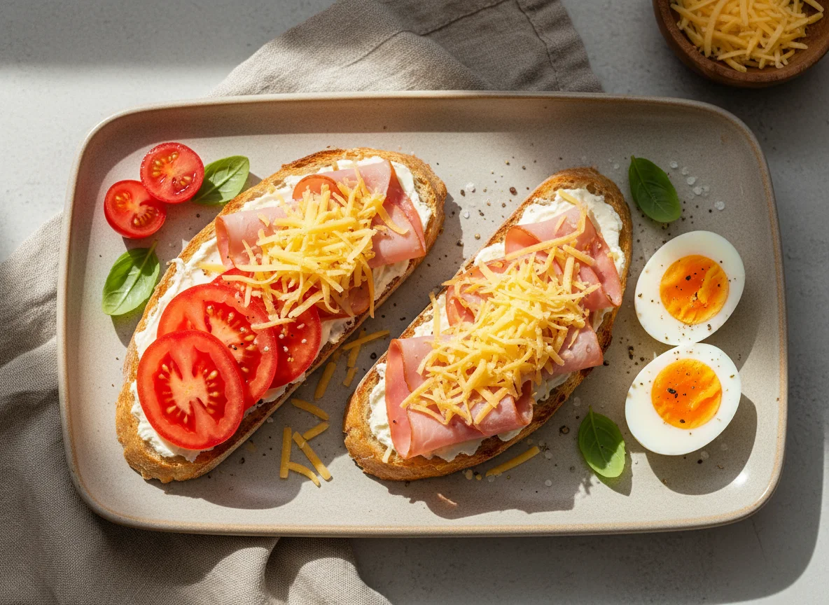 Ham and Cheese Toasts with Boiled Eggs and Tomato photo