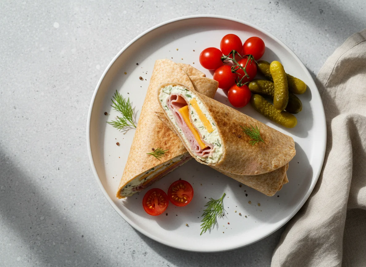 Ham and Cheese Wrap with Cherry Tomatoes and Pickles photo