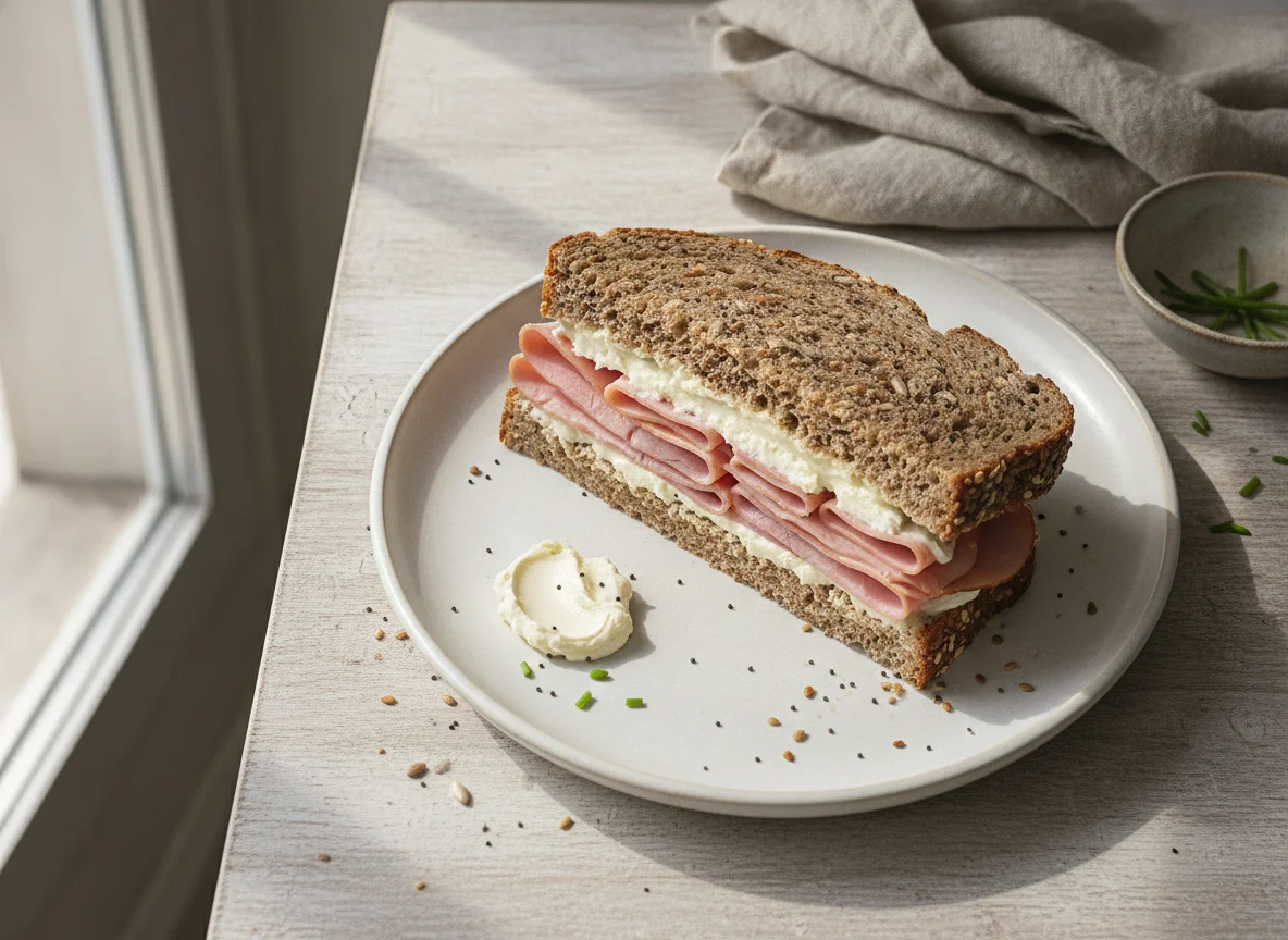 Ham and cream cheese sandwich on seeded bread photo