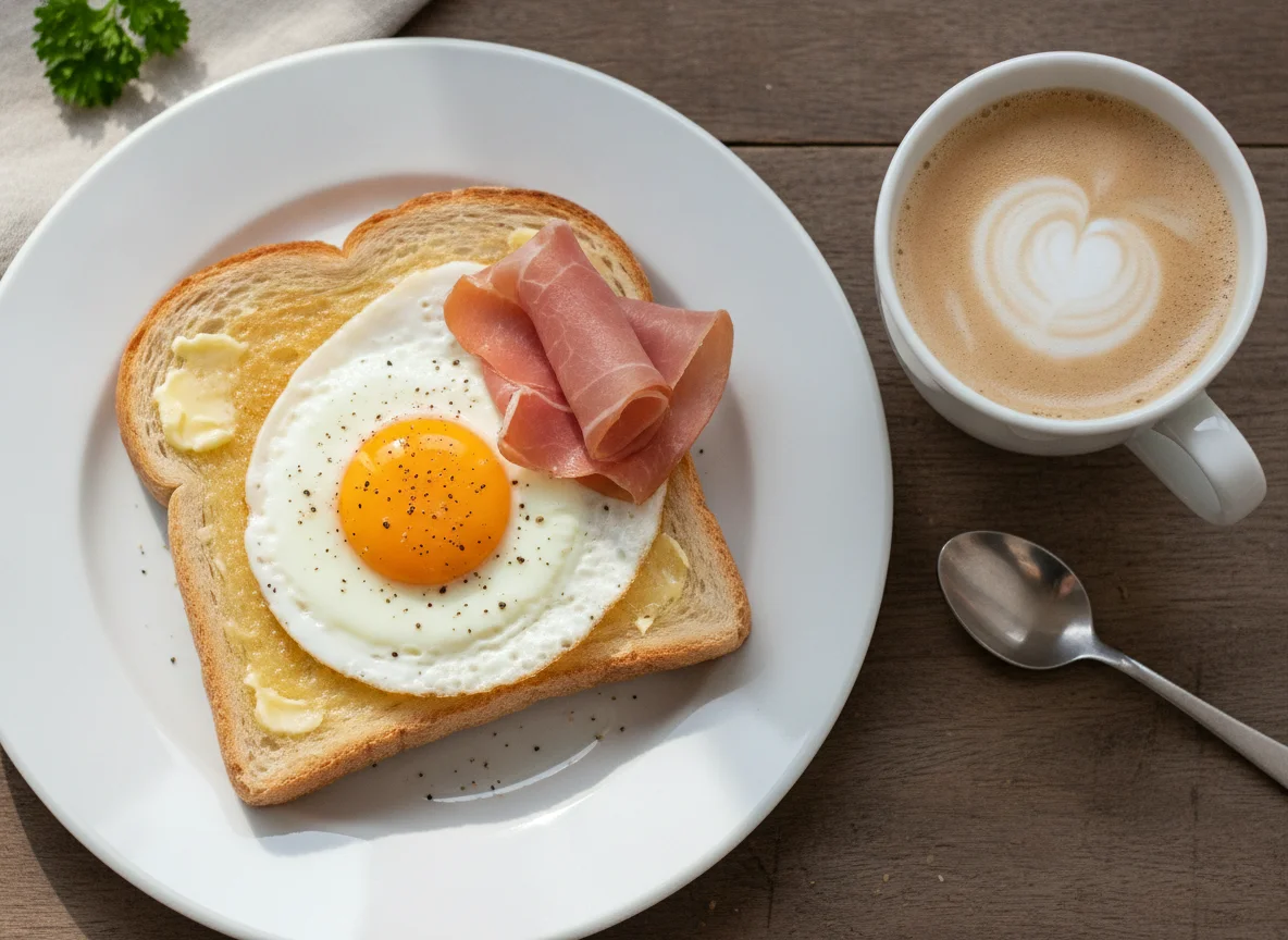 Ham and egg on toast with white coffee photo
