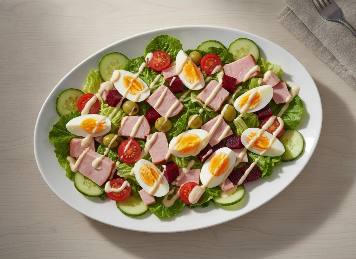 Ham and Egg Salad with Beetroot and Olives photo