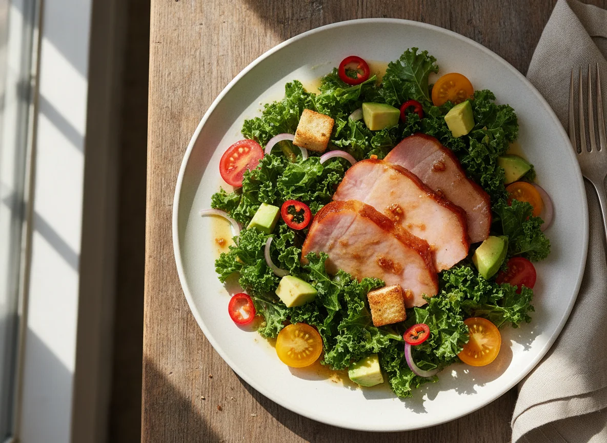 Ham and Kale Salad with Avocado and Cherry Tomatoes photo