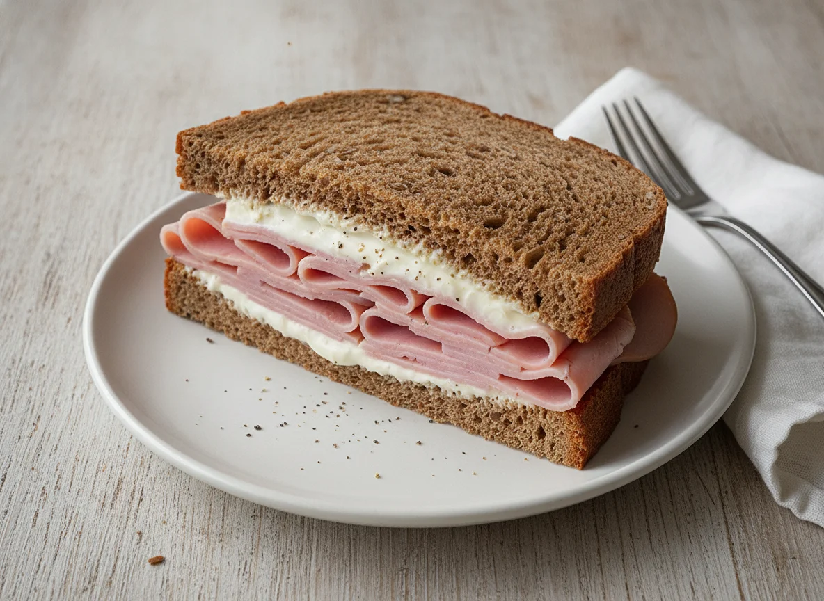 Ham and Mayonnaise Sandwich on Dark Bread photo