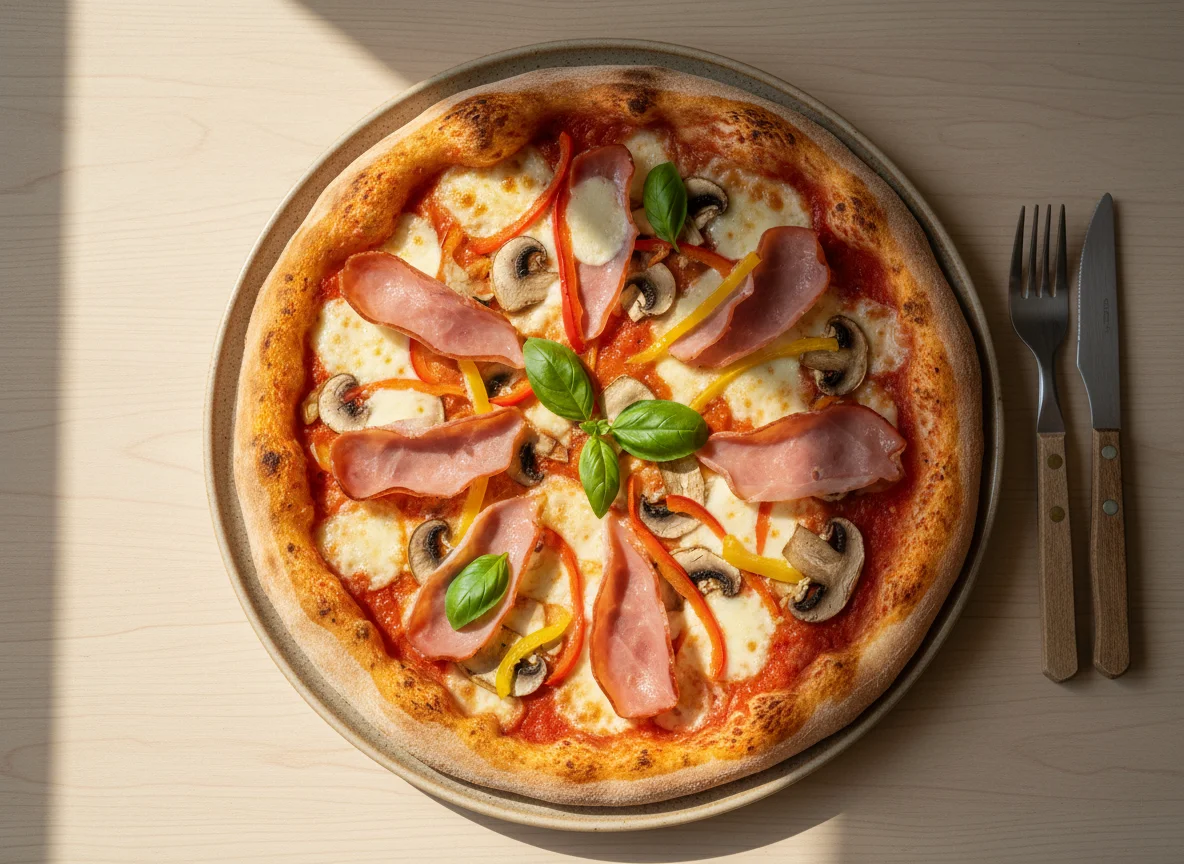 Ham and Mushroom Pizza with Vegetables photo