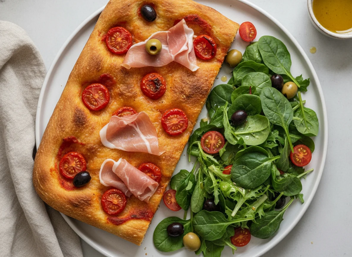 Ham and Tomato Focaccia with Mixed Green Salad photo