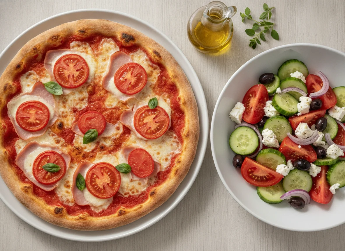 Ham and Tomato Pizza with Greek Salad photo