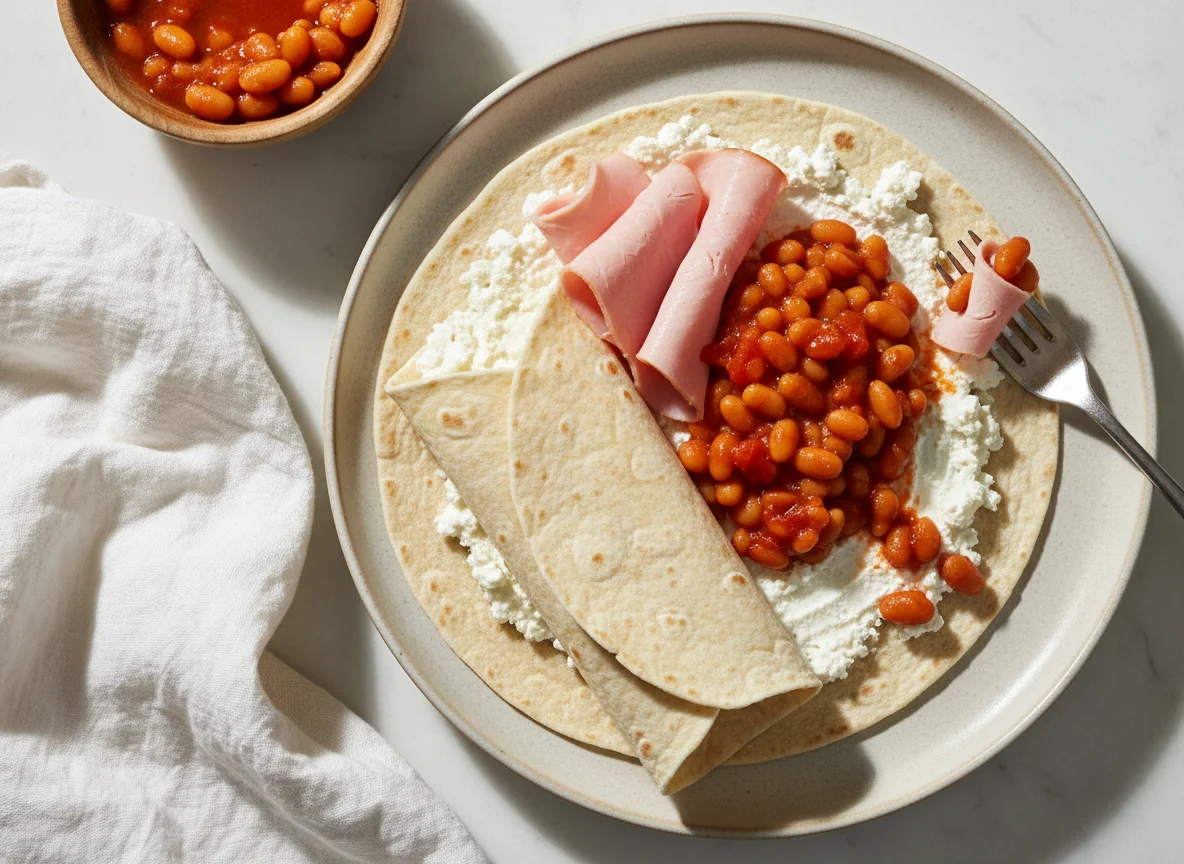 Ham, Baked Beans and Cream Cottage Cheese Wrap photo