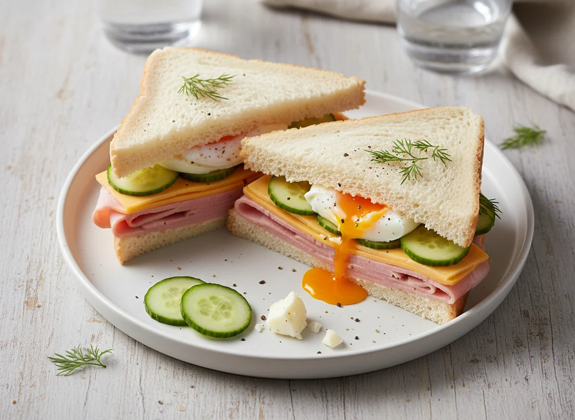 Ham, Cheese, Egg and Cucumber Sandwich photo