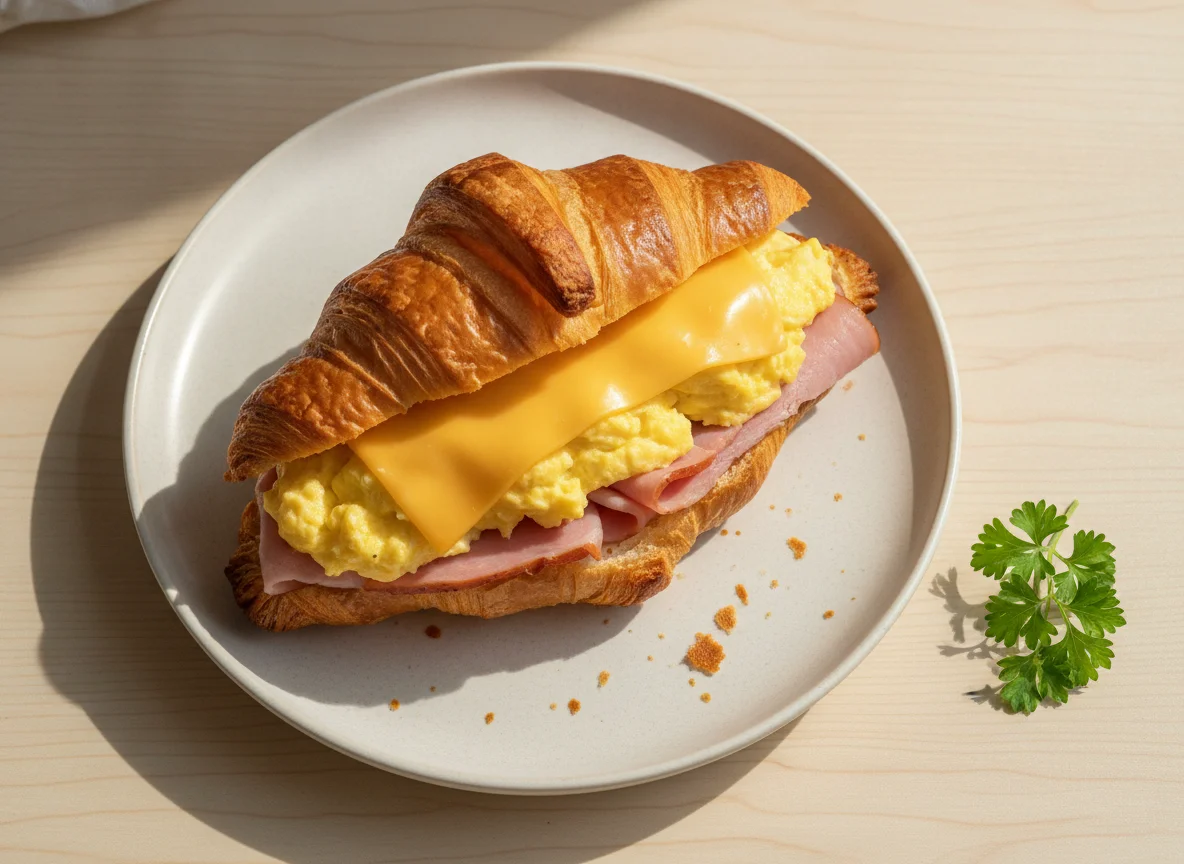 Ham, Egg, and Cheese Croissant Sandwich photo