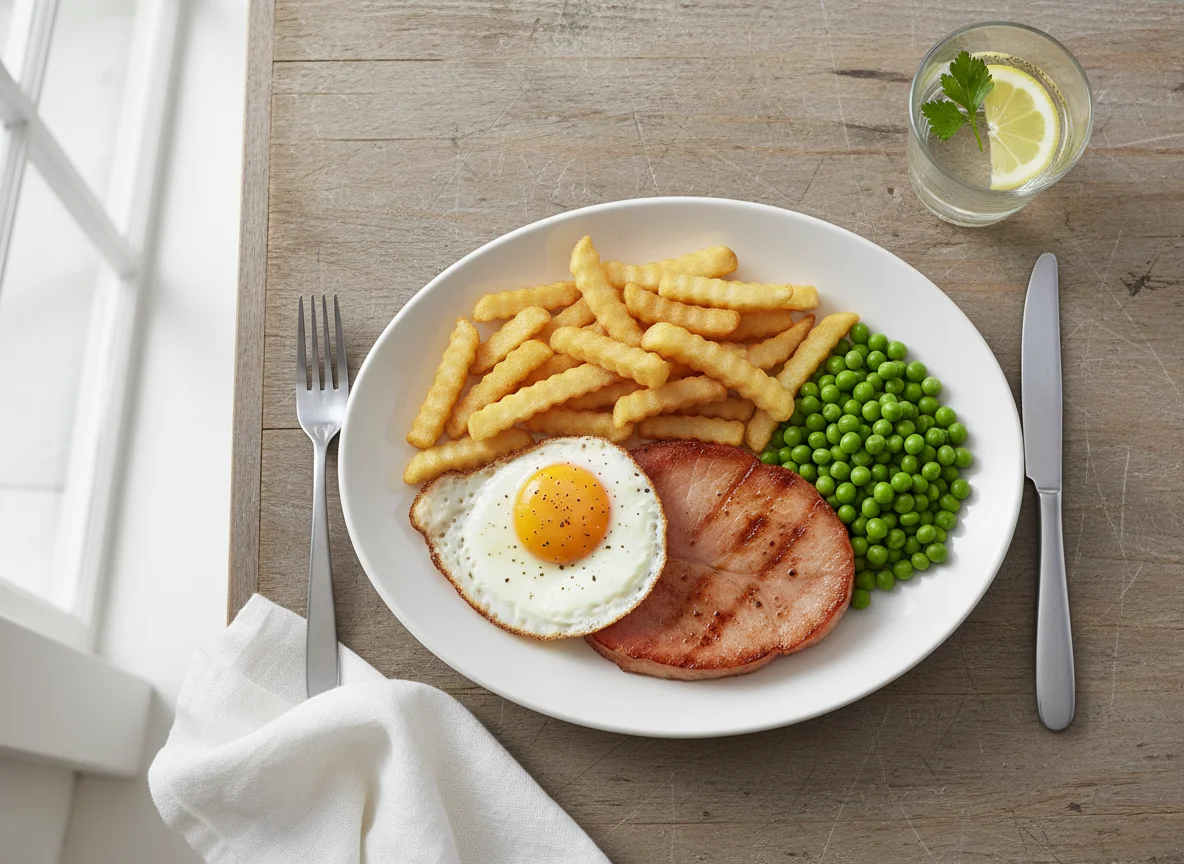 Ham, Egg and Chips with Peas photo